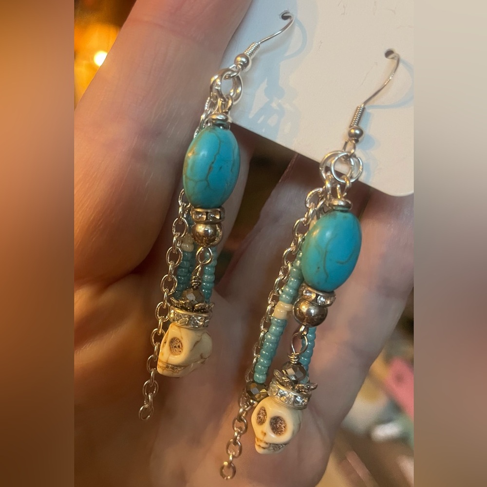 Turquoise and Silver Skull Dangle Earrings - Picture 6 of 6